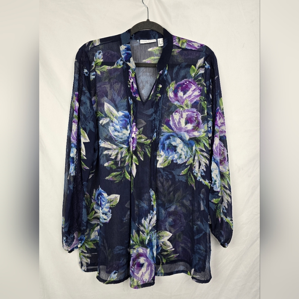 Susan Graver Sheer Oversized Floral Pintuck Whimsical Fairy Tunic Top sz M